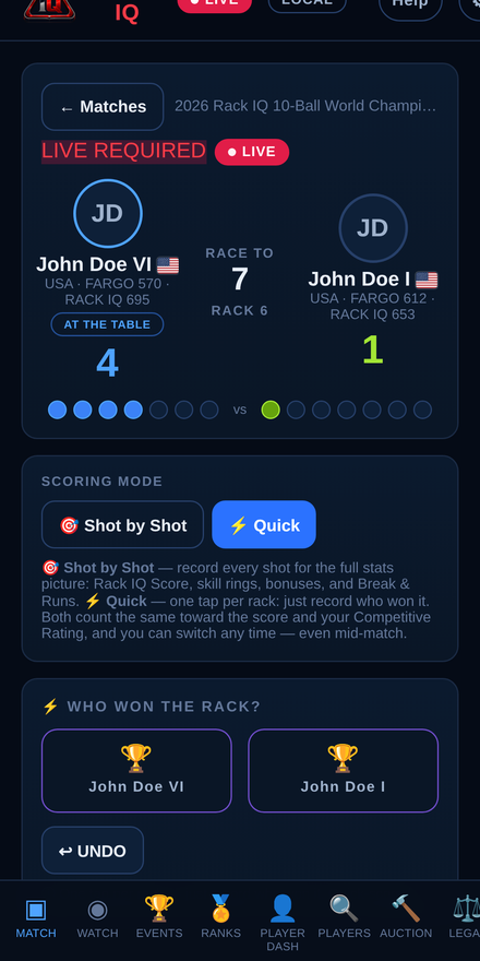 Quick Score mode — one tap per rack