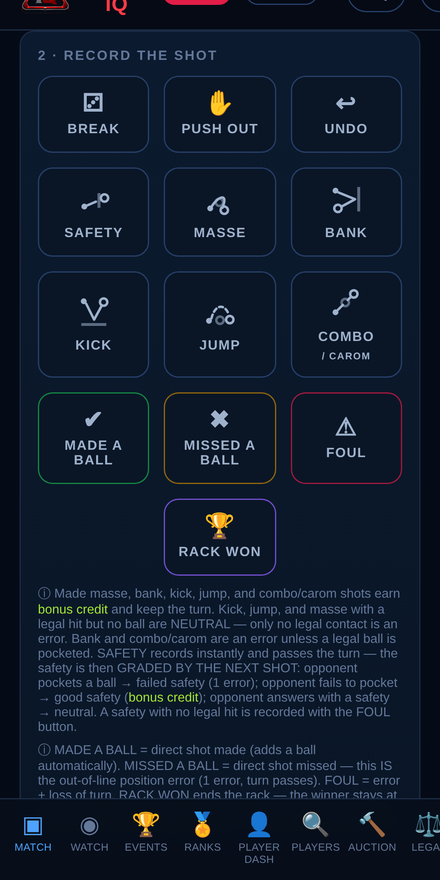 Shot-by-shot live match scoring screen